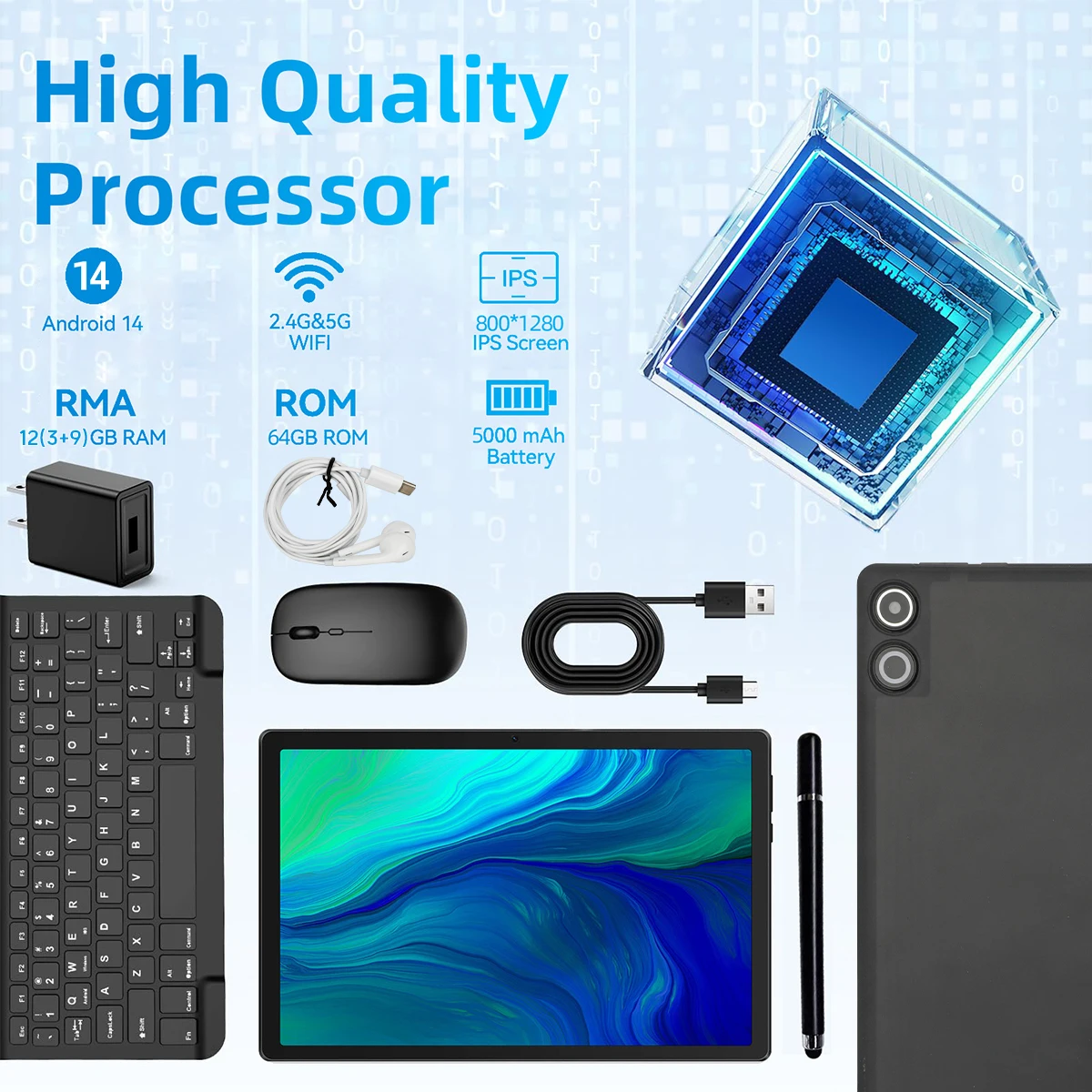 A10L 10 pollici Android 14 Tablet Face Sblock HD IPS Schermo Octa-Core 12GB + 64GB Custodia protettiva Stilo Tastiera Mouse Cuffie