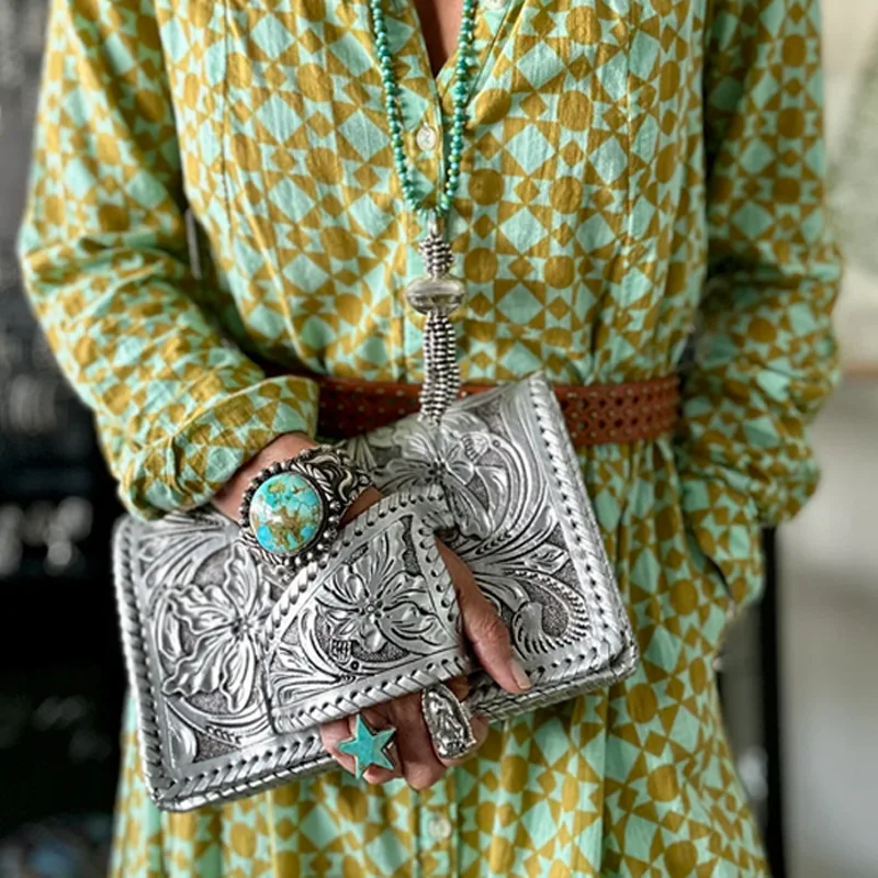 New Retro Pattern Printing Handbags Woman Soft Designer PU Leather Bags Luxury Small Handbags Silver Print Commuter Handbag