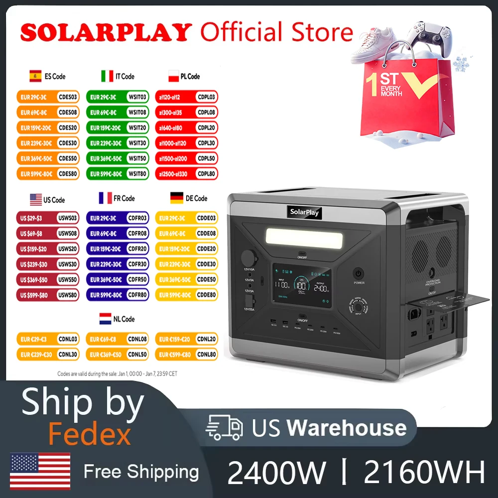 SOLARPLAY 675000mAh Portable Power Station 2400W  2160Wh  Solar Generator LiFePo4 Batteries 110V Energy Storage Supply Camping