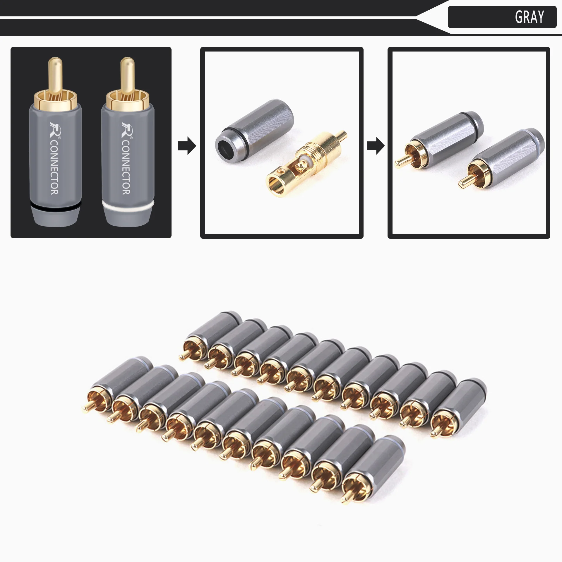 10pcs/lot RCA Connector Gold Plated RCA Male Plug High Quality Speaker Jack Plug RCA Cable Wire Connector 5Pairs Black+White