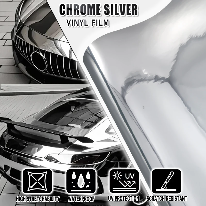 

Ultra Gloss Chrome Silver PET Vinyl Wrap Film Mirror Finish Self Adhesive Bubble Free Car Motorcycle DIY Decal Sticker