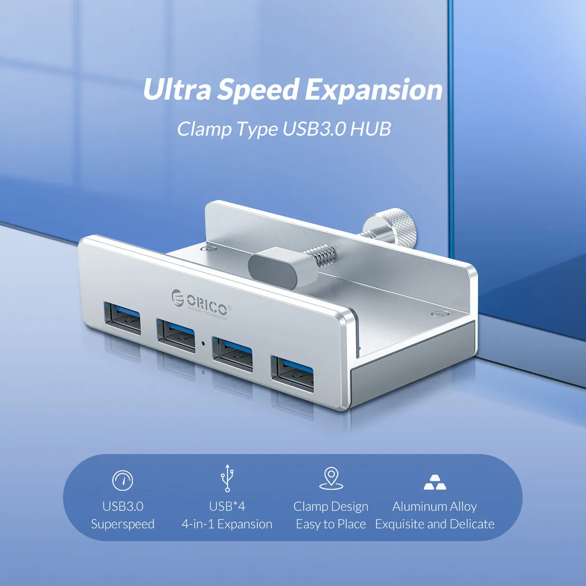 Aluminum Alloy 4-Port USB 3.0 Hub, Clip-Type Design, High-Speed Data Transfer, Portable for Laptop, PC, Mac, and More