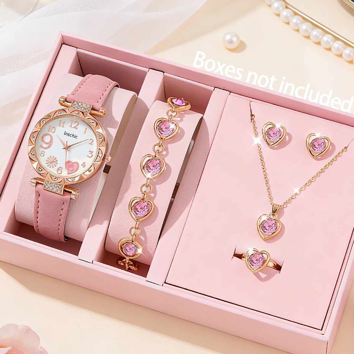 6-Piece Set of New Women's Quartz Watches and Inlaid Jewelry Set, Heart-Shaped Fireworks Design Gift, Birthday Gift, Daily Wear