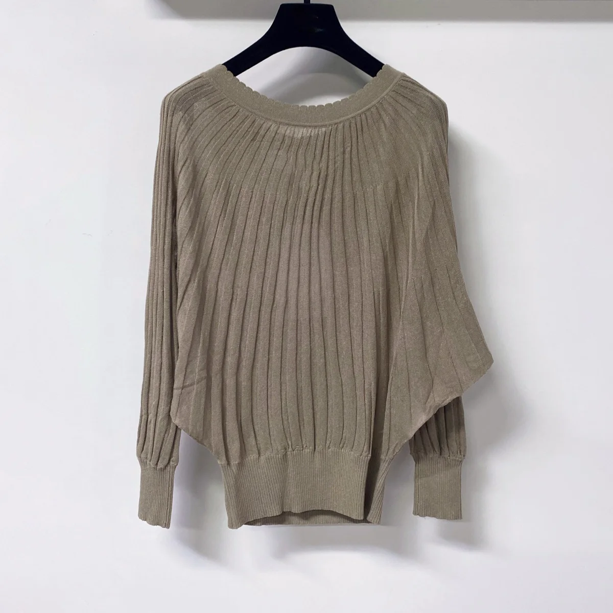 2026 Women Scallop Neck Batwing Long Sleeve Knit Top Vertical Ribbed Loose Thin Knitted Blouse lyt2671488