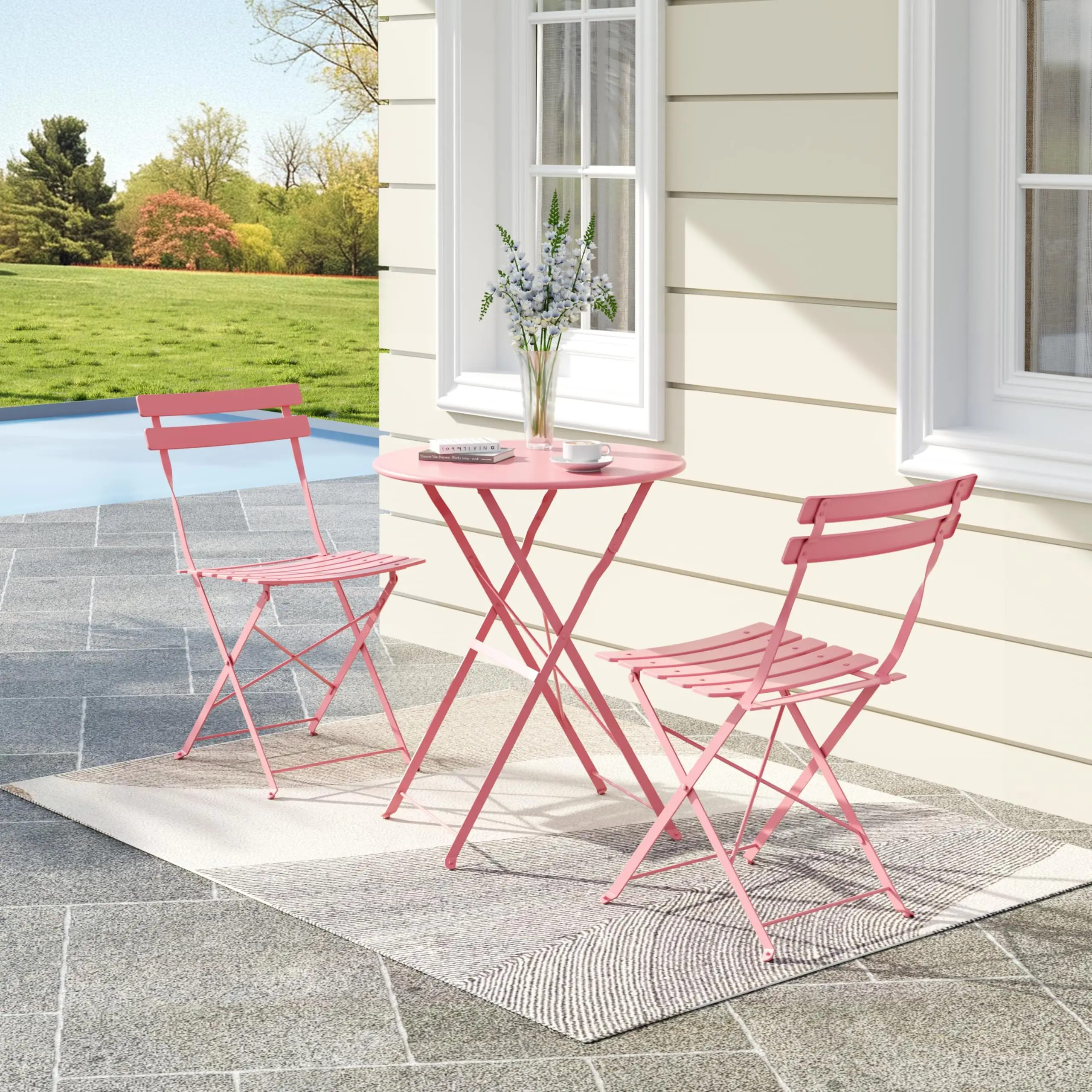 3-Piece Bistro Table, Outdoor Table and Chairs, Balcony Furniture, Indoor Outdoor Patio Bistro Set, Folding Table with Premium Steel Frame for Backyard Porch Garden, Pink