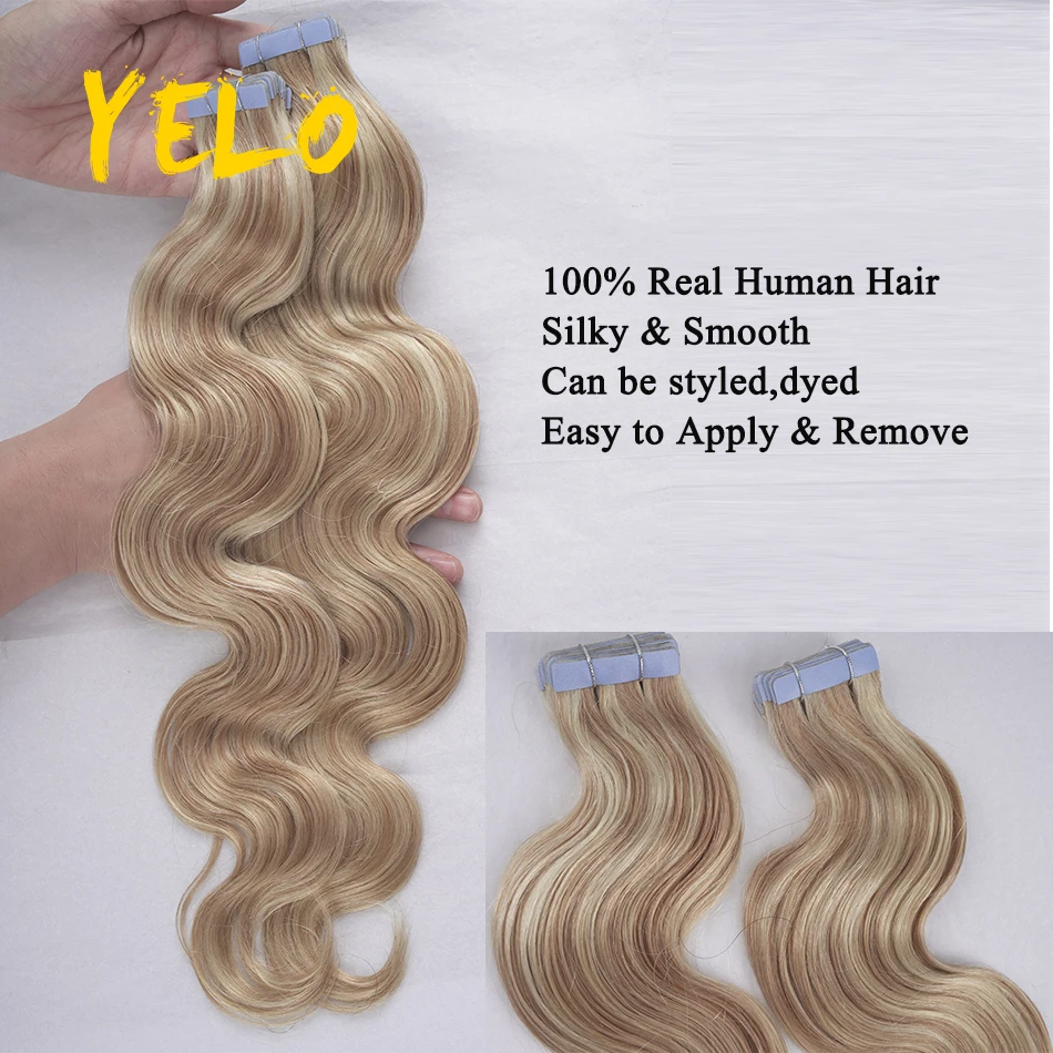 Yelo 2.5G/Pcs Human Tape In 100% Remy Hair Extensions Body Wave Style Bulk Hair Bundle Adhesive Natural Invisibility Black Color