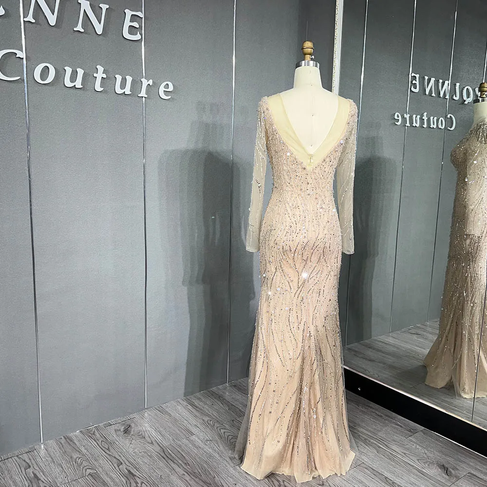 YQLNNE Luxury Nude Crystals Evening Dresses Long Sleeve Tulle Beaded Mermaid Formal Women Gowns