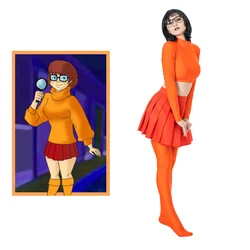 (in stock) Anime Velma Cosplay Costume Movie Character Ladies Girls Sexy Orange Uniform Crop Top Mini Skirt Over Knee Socks Set