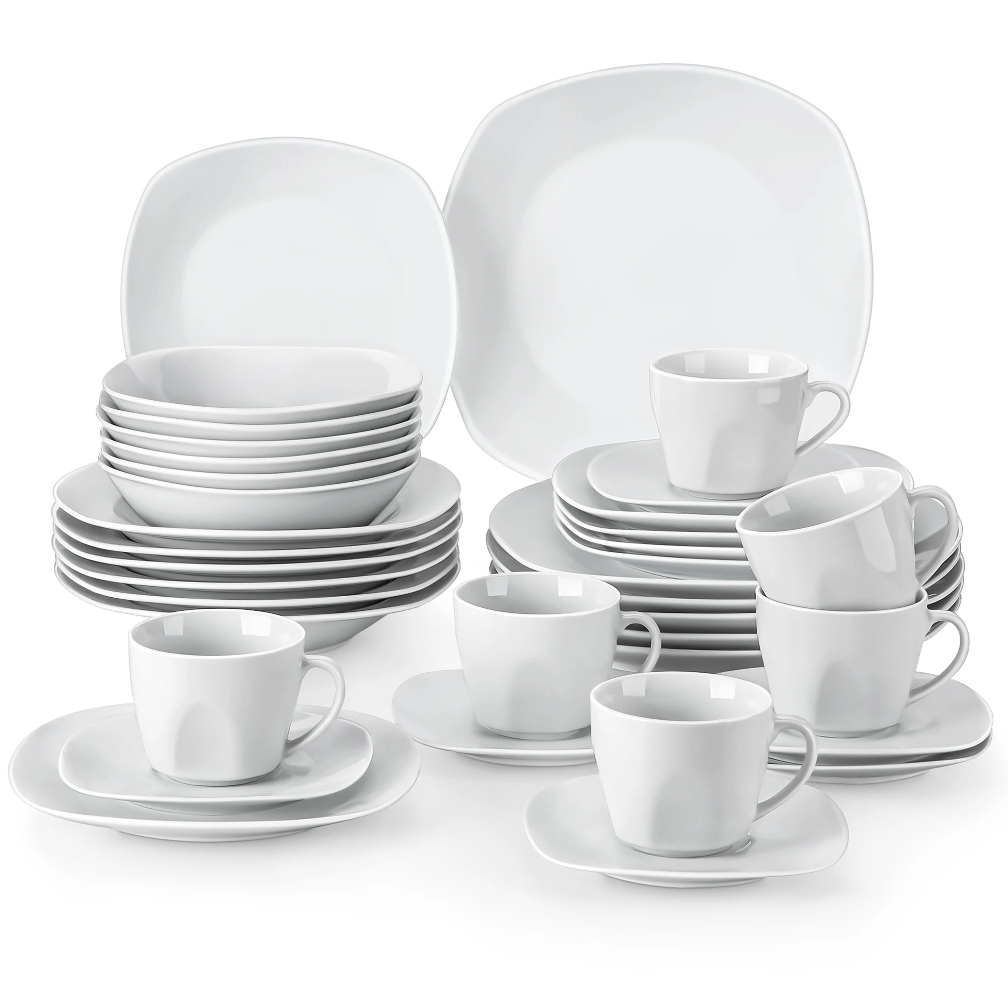 MALACASA 36-teiliges weißes Porzellan-Geschirrset Elisa Keramik-Tellerset mit 6 Stück Speiseteller/Dessertteller/Suppenteller/Schüssel/Untertasse/Tasse