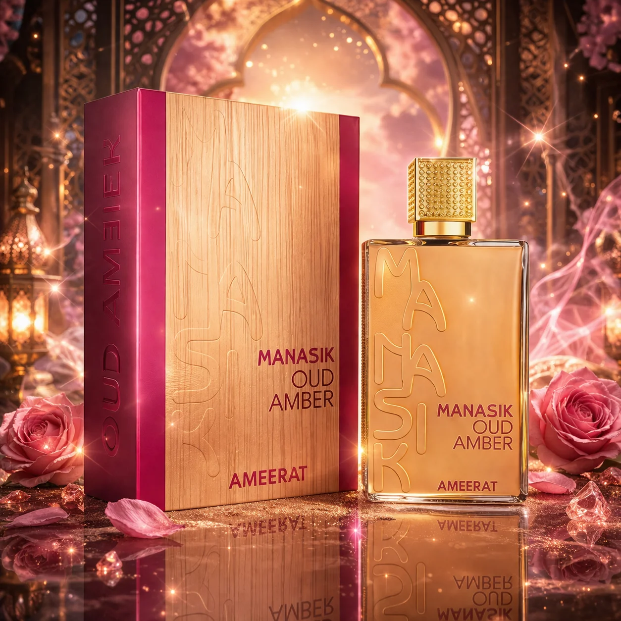 Parfum Oud Amber Ameerat 100 ml - Manasik. Parfum oriental chaleureux et élégant avec des notes intenses d'oud, d'ambre doré, de vanille douce et une base épicée.
