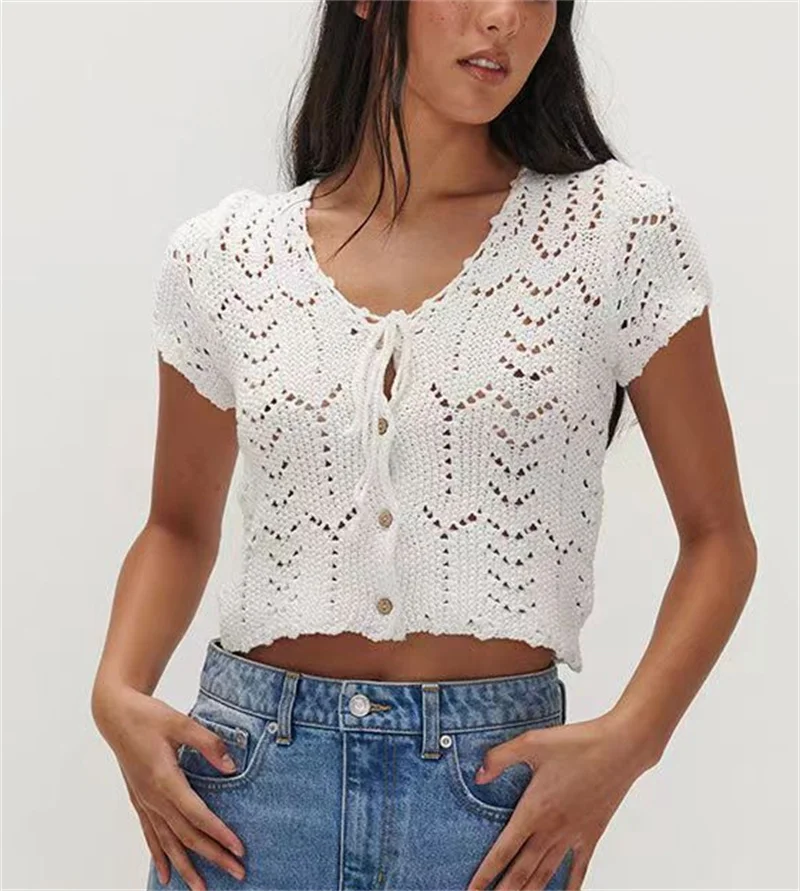 

Женская сексуальная вязаная блузка с короткими рукавами, укороченный топ, вязаный крючком бикини, пляжная накидка, тонкие свитера Blusa