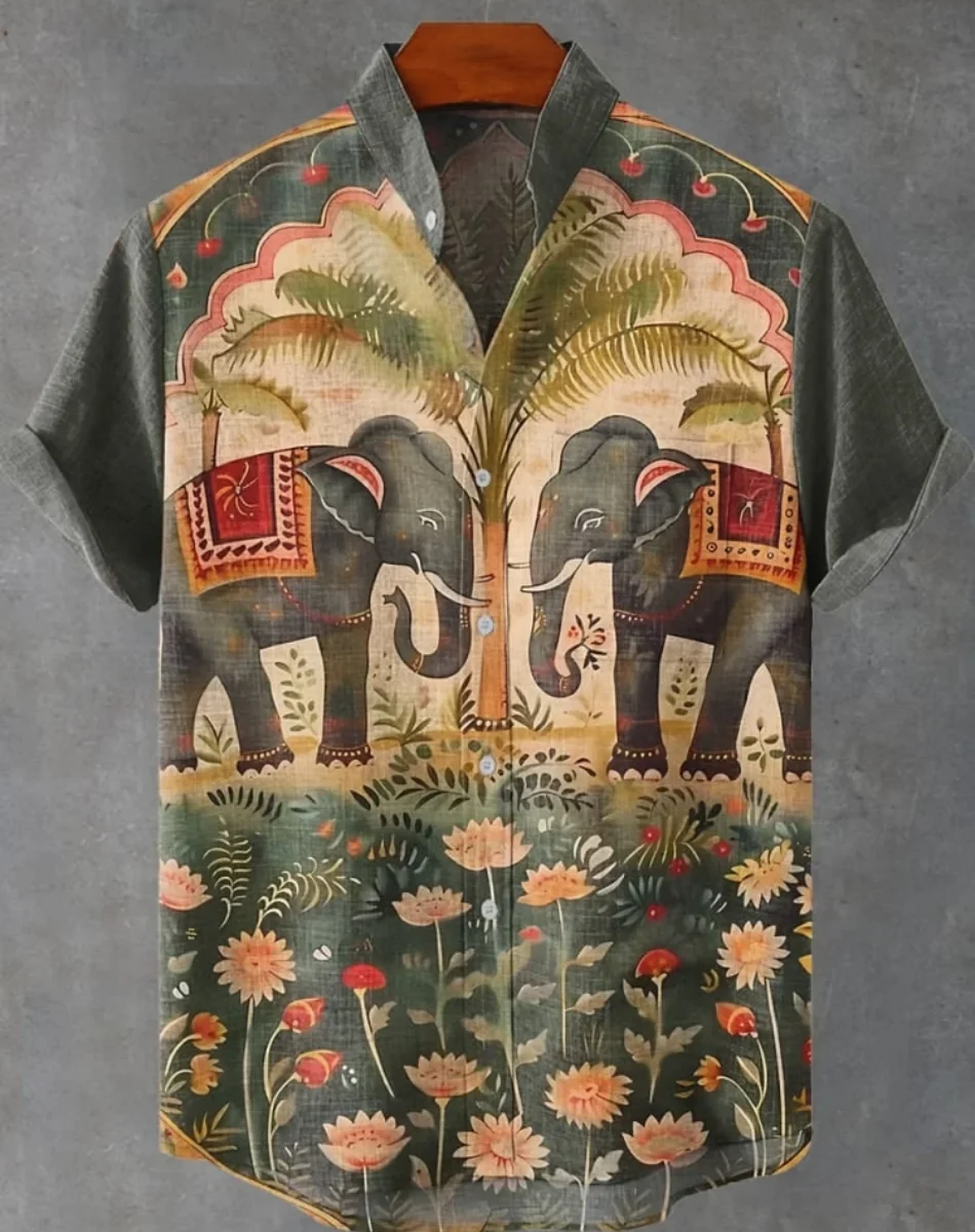 새로운 레트로 남자 민족 코끼리 패턴 인쇄 옷깃 셔츠, 패션 캐주얼 반소매 리넨 빠른 배송