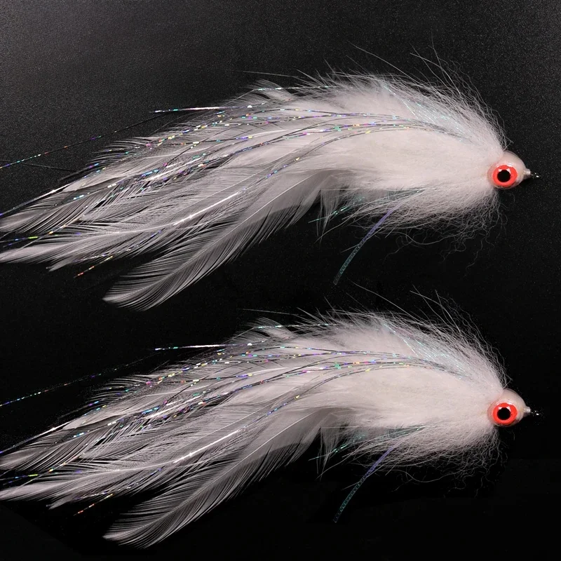 Bimoo 2/0 tête suspendue Lumo yeux 3D banderole blanche appât de poisson mouche pour la pêche au bar au brochet Muskie