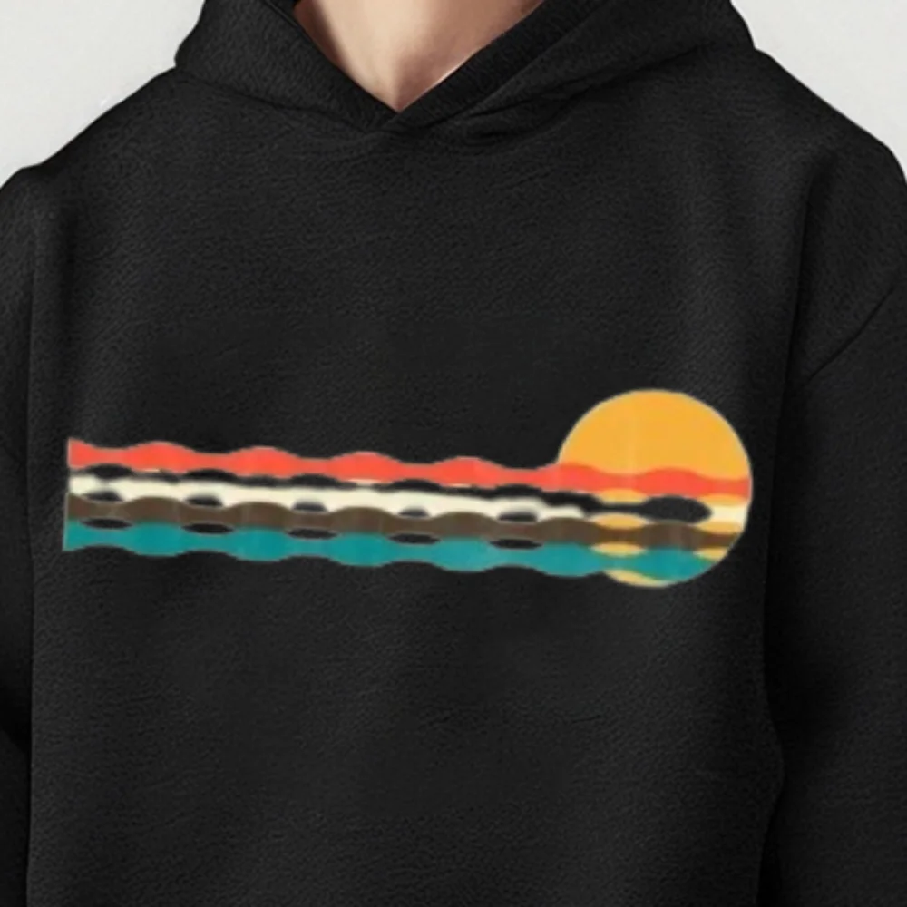 Retro Sunset Stripes Hoodie Vintage Coastal Pattern Casual Loose Long Sleeved Unique Cool Trendy Aesthetic Fashionable Wear Top