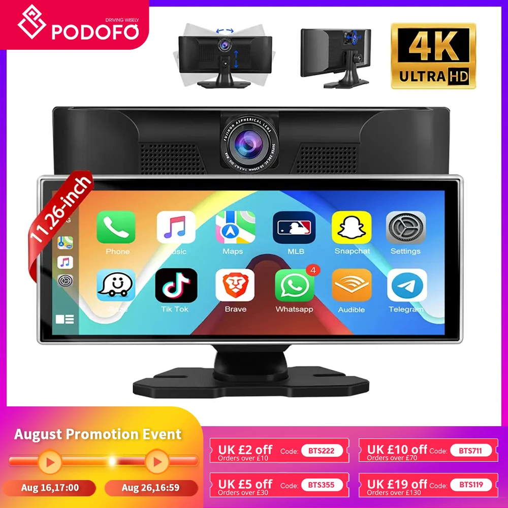Podofo 11.26 Inch Portable Smart Player Wireless CarPlay Android Auto Multimedia Video Player Support Rear Camera BT FM RDS USB