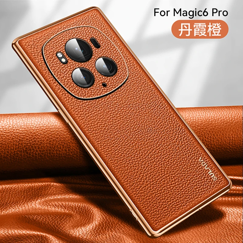 Genuine Leather Case For Honor Magic 6 Pro Case Lens Protection Cover Real Leather Phone Protector For HONOR Magic 6