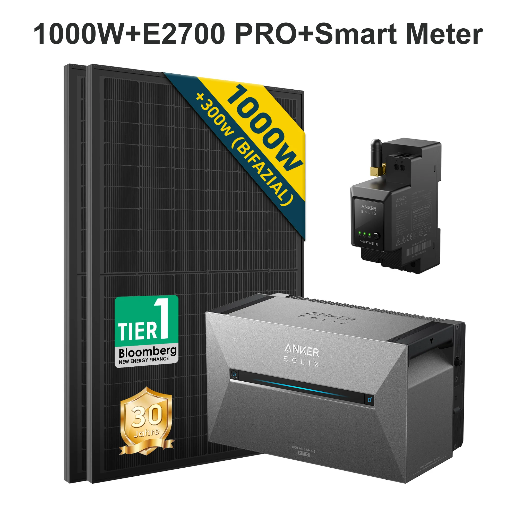 Anker SOLIX E2700 3 Pro + Solarpanel 2x500W Solarmodule + Smart Meter