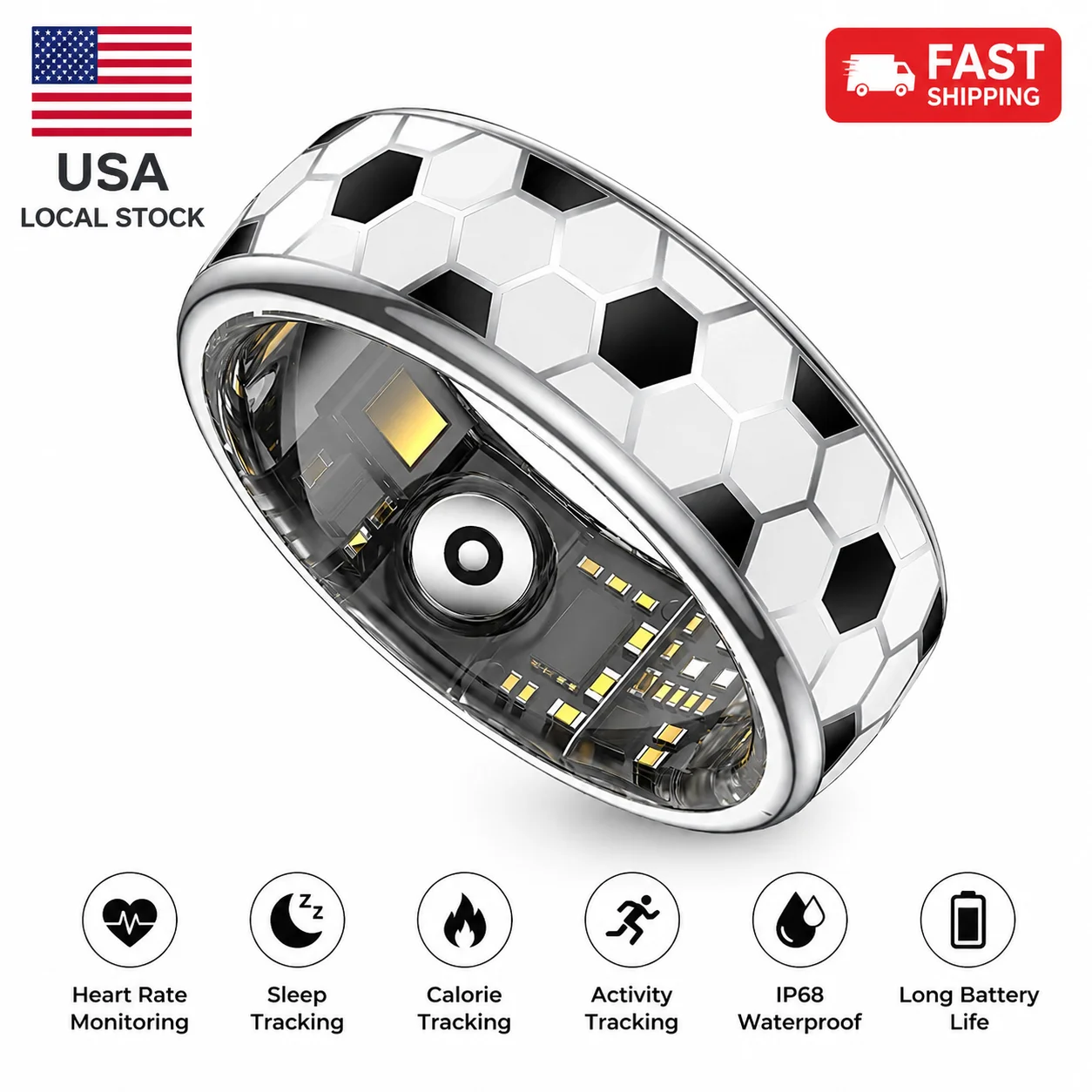 Soccer Smart ring With Vibration Message Reminder Smartring Men Women Waterproof Gesture Control Video Remote Camera Heart Rate Blood Oxygen Sleep Monitor Fitness Tracker For Android iOS Phone