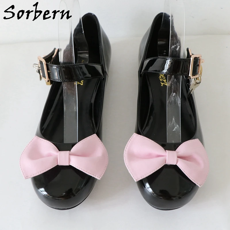 Sorbern Comfortable Lolita Cute Round Toe Shoes Pink Bow Lockable Straps Mary Jane Shoe Flat Heels Custom Color