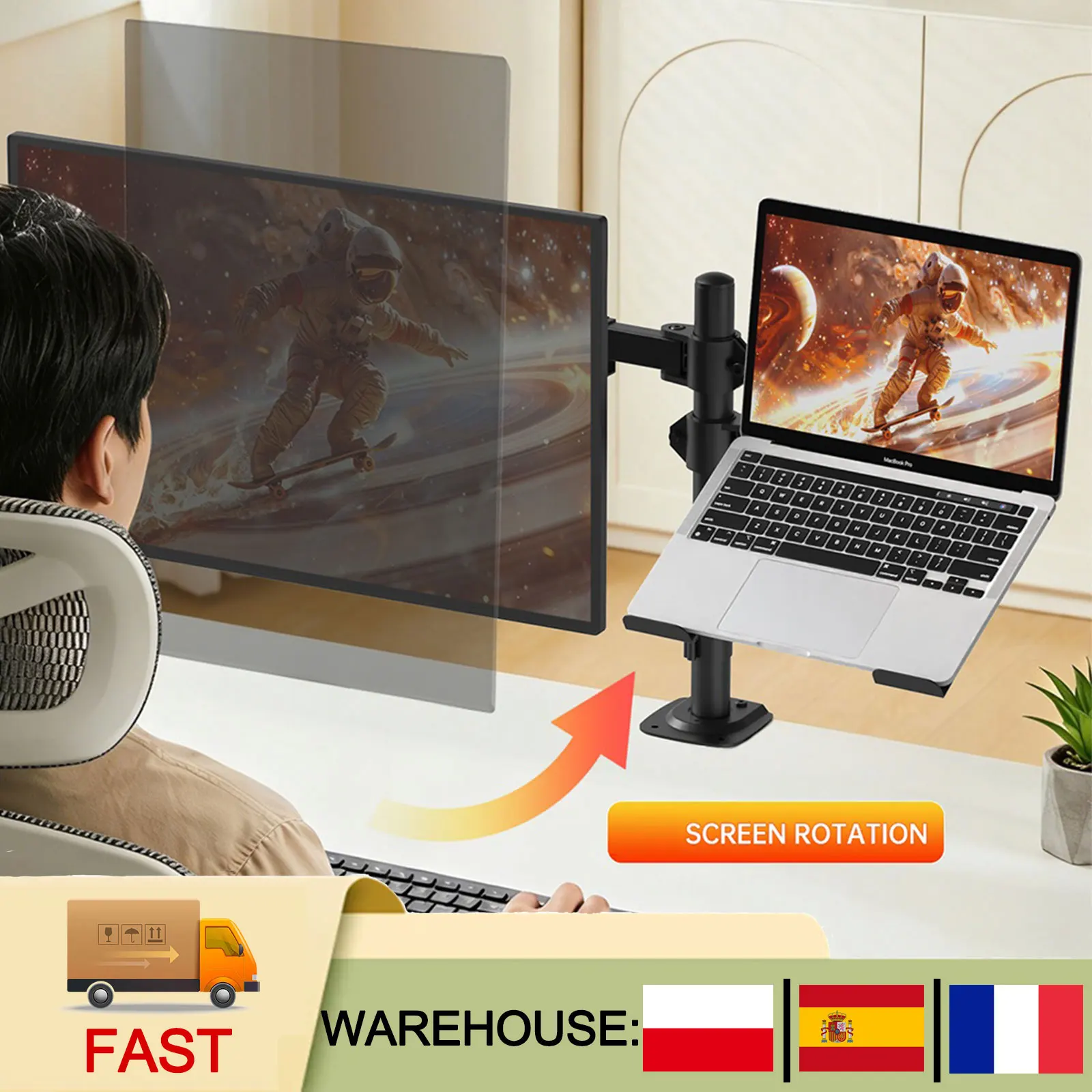 Soporte Ergonómico Ajustable para Monitor y Portátil de 13-27 Pulgadas, Montaje 90 °   Soporte de Escritorio Giratorio de Acero Laminado en Frío con Gestión de Cables