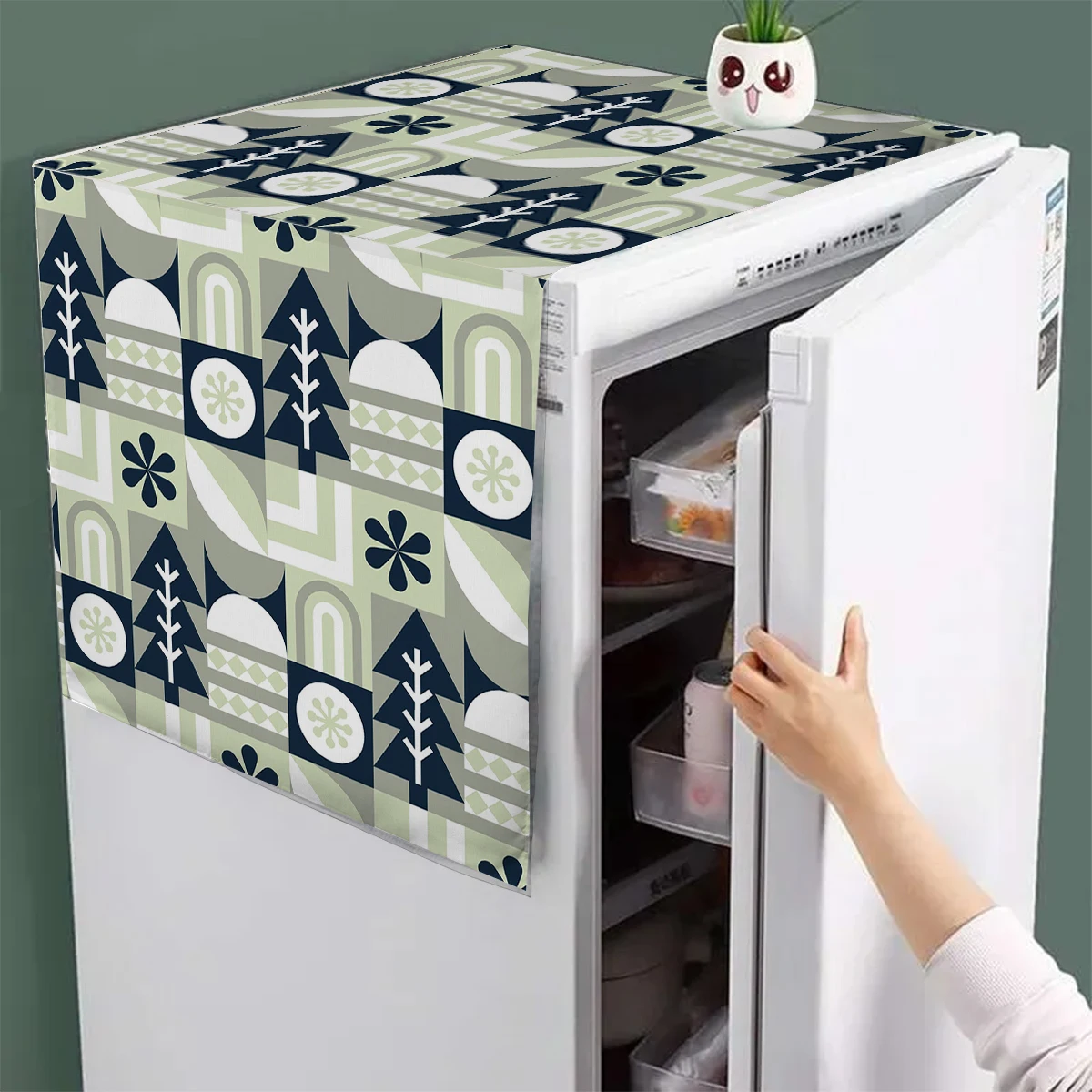 Navy Blue Green Trees Design Refrigerator Dust Cover Washable Printing Washing Machine Cabinet Dust Protection Cover