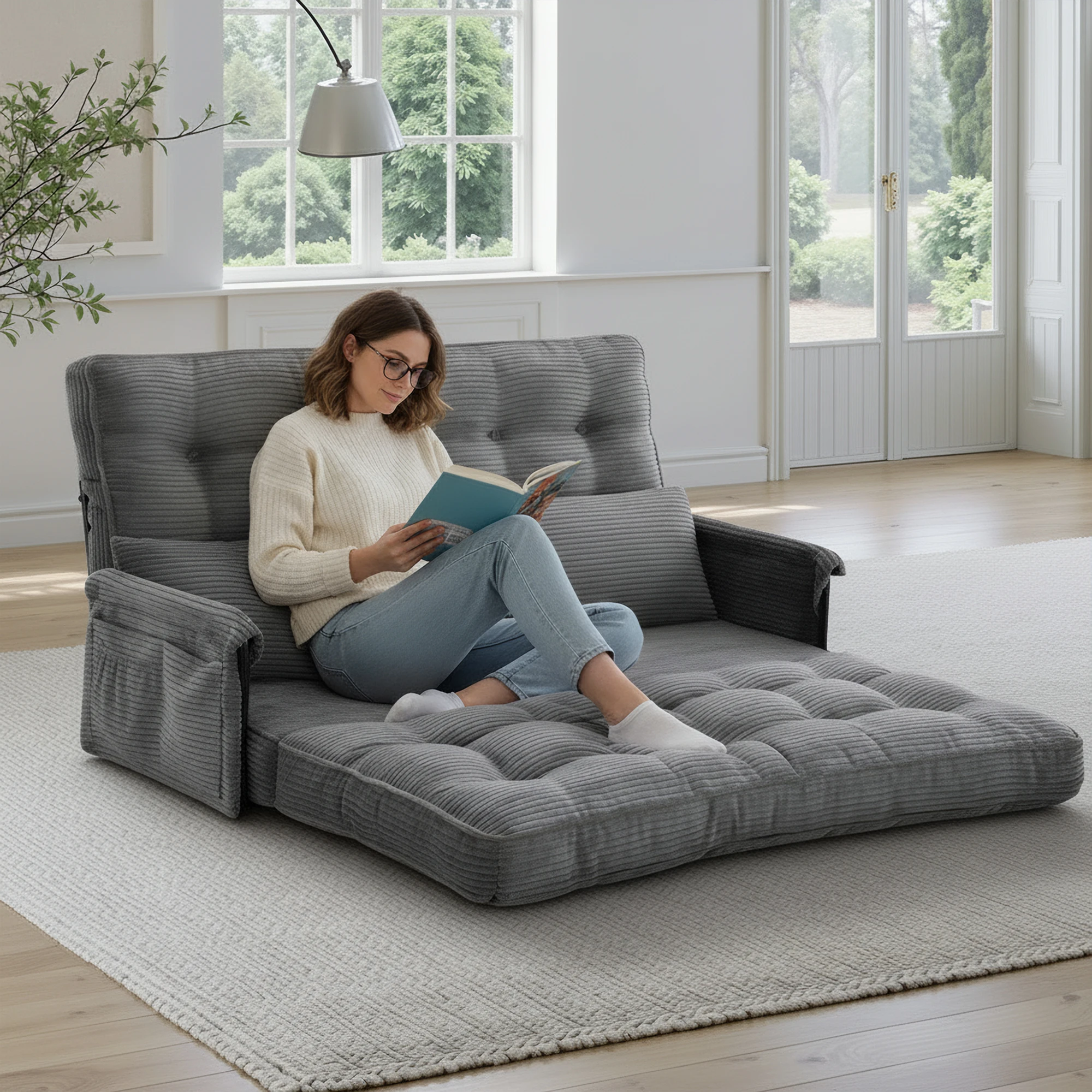 Dark Grey 5‑Position Adjustable Foldable Floor Sofa Bed, Double Size Corduroy Lounge Sofa with Side Storage Pocket