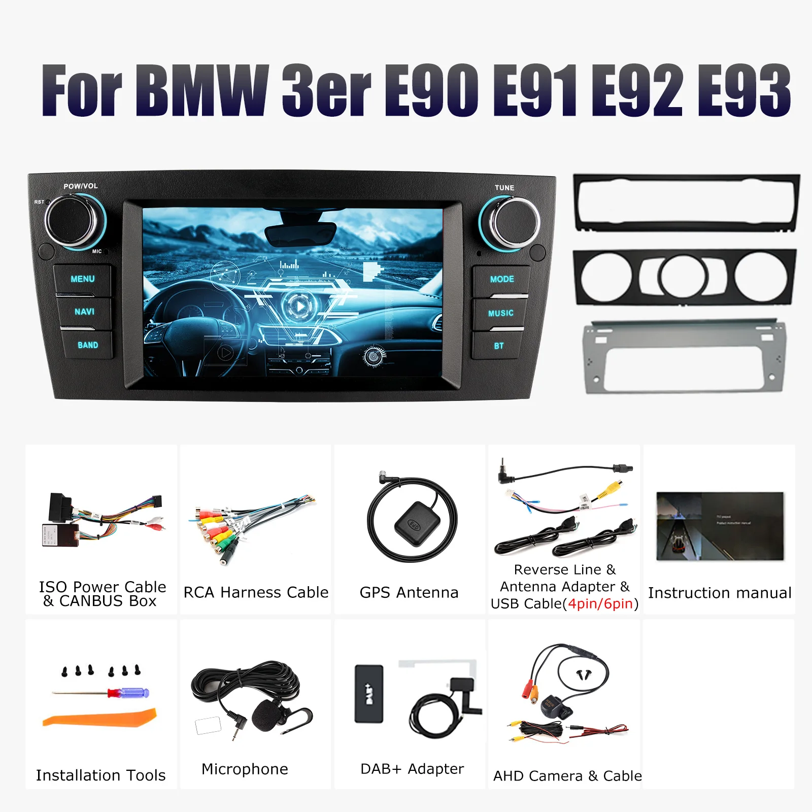 ESSGOO GPS-navigatie WIFI 7 Inch IPS Aanraakscherm Draadloze Carplay Android auto Voor BMW 3 Serie E90 E91 E92 E93 Android 14 Autoradio USB Microfoon Bluetooth Spiegellink 7-kleurenlicht ASP-geluid
