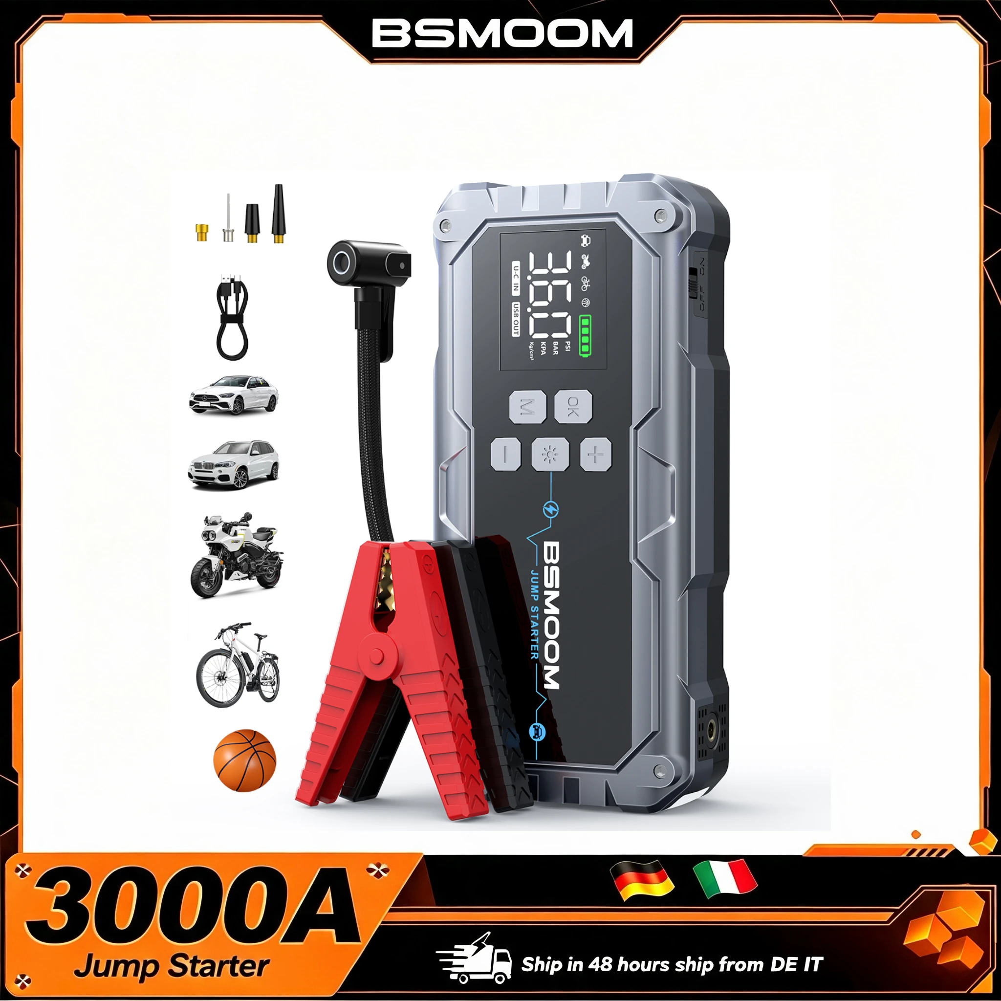 Compressore d'aria Bsmoom 160Psi, avviatore di emergenza per auto da 26800 mAh, corrente di picco 3000A, adatto per avviamento di batterie da 12V, cavi di avviamento portatili, display LCD, luci LED