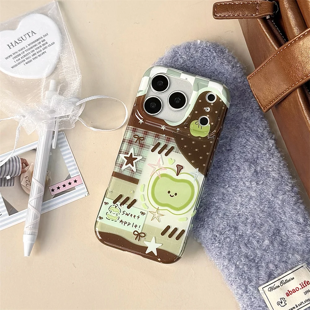 جديد إبداعي أخضر تفاح الربط بني مناسب IMD لهاتف iPhone 17 Pro Max/13/14/15/16 Pro Max حزمة كاملة إصدار مضاد للسقوط