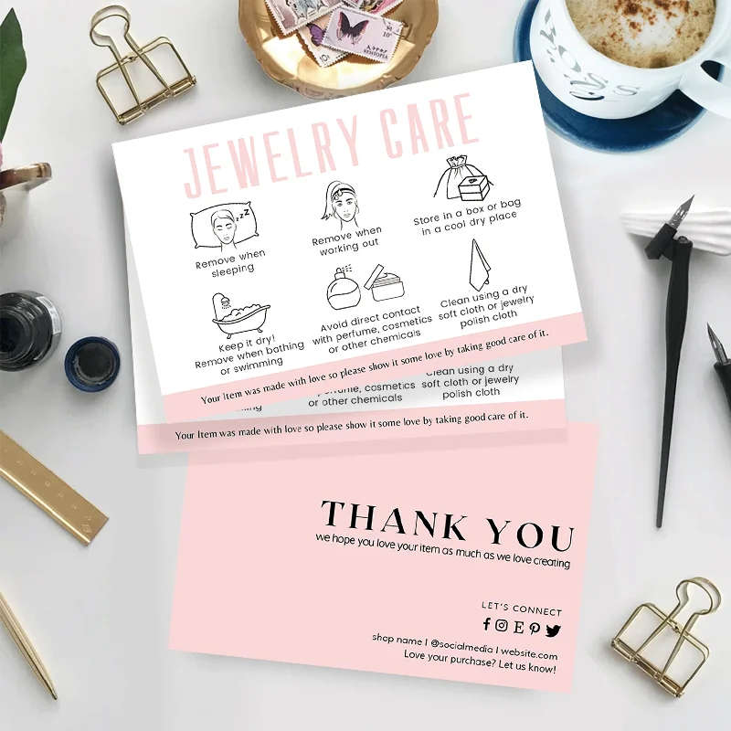 10X15cm Care Cards for Jewelry With Thank You Double Sides Minimal Jewelry Care Instructions Card for Small Business Insert Card