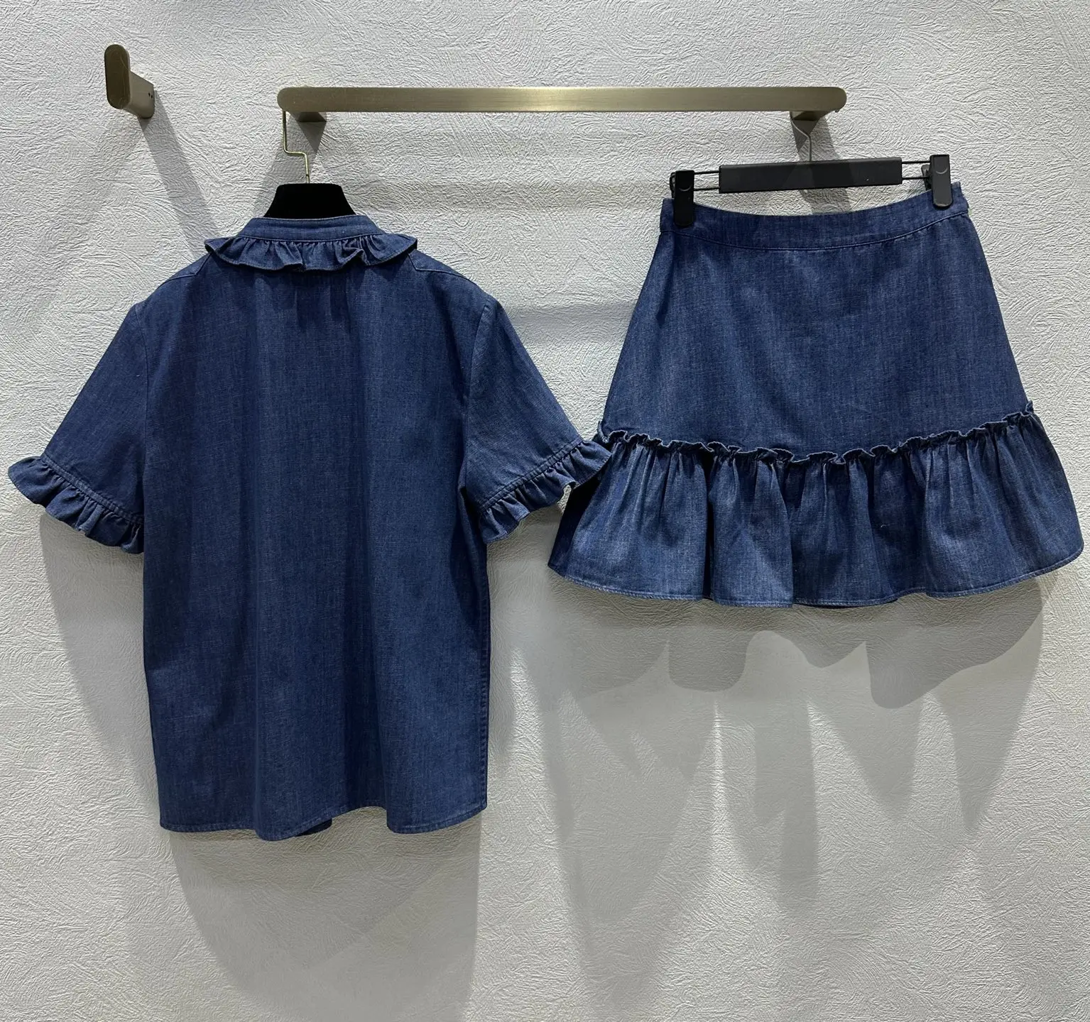 

2025 Summer New Shirt and Short Skirt Set with Blue Denim and Ruffle Edge Design Refreshing and Breathable in Summer WYY-44