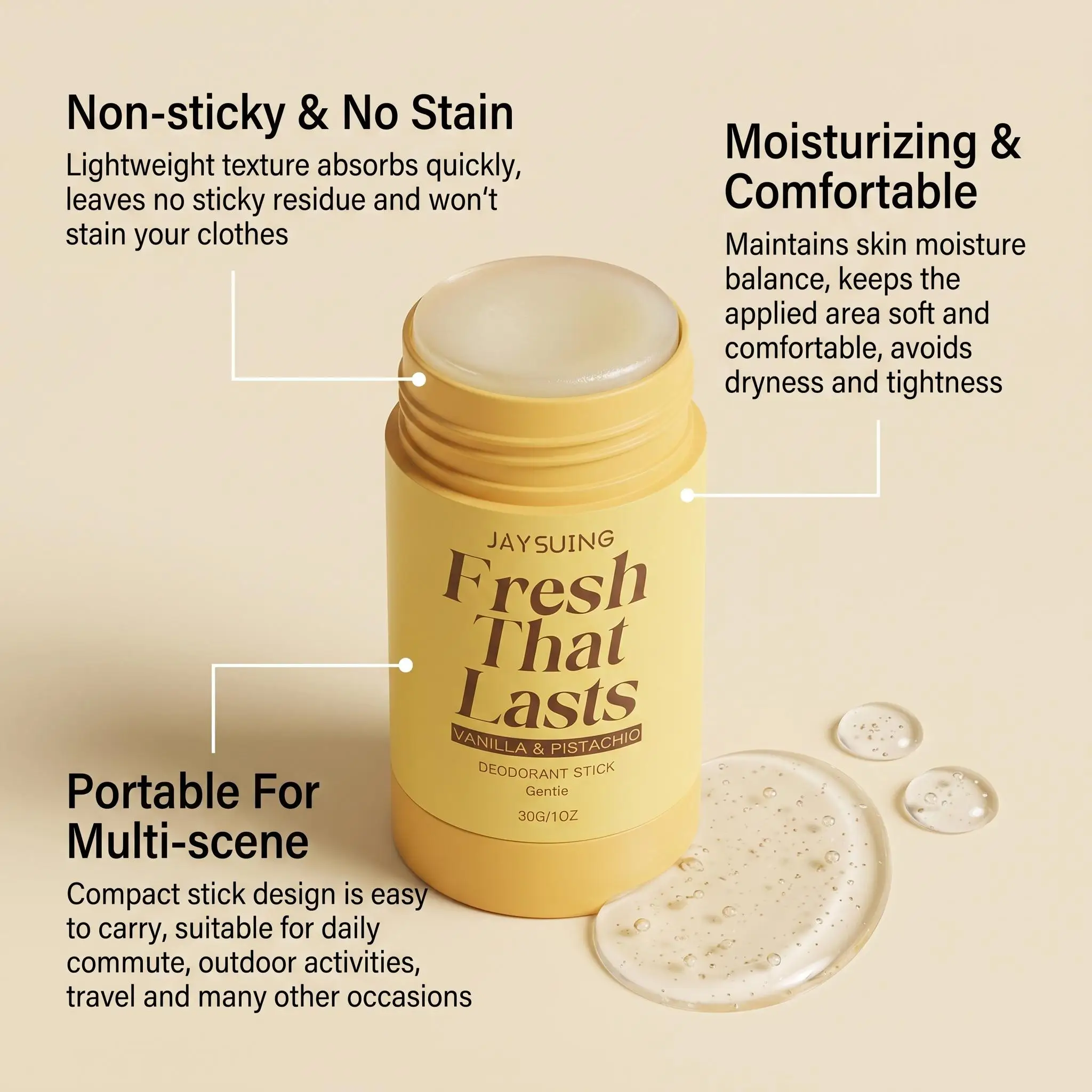 Jaysuing Body Deodorant Stick Vanilla Pistachio Fragrance Long Lasting Reduce Sweating Eliminates Odor Underarm Gentle Solid Cream