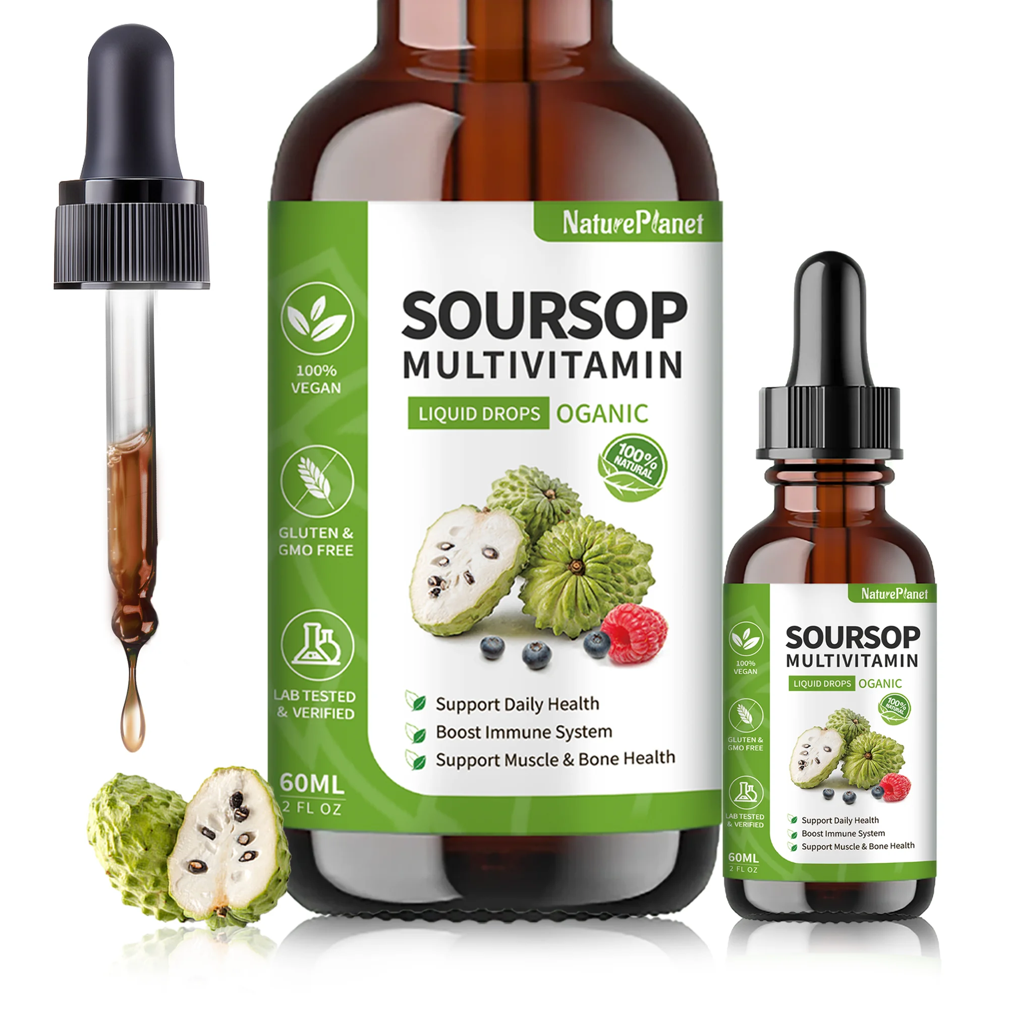 

Natural Soursop Graviola Extract Drops with Multivitamins (B6,C,D) 60ml - Antioxidant, Digestive Health, Glute