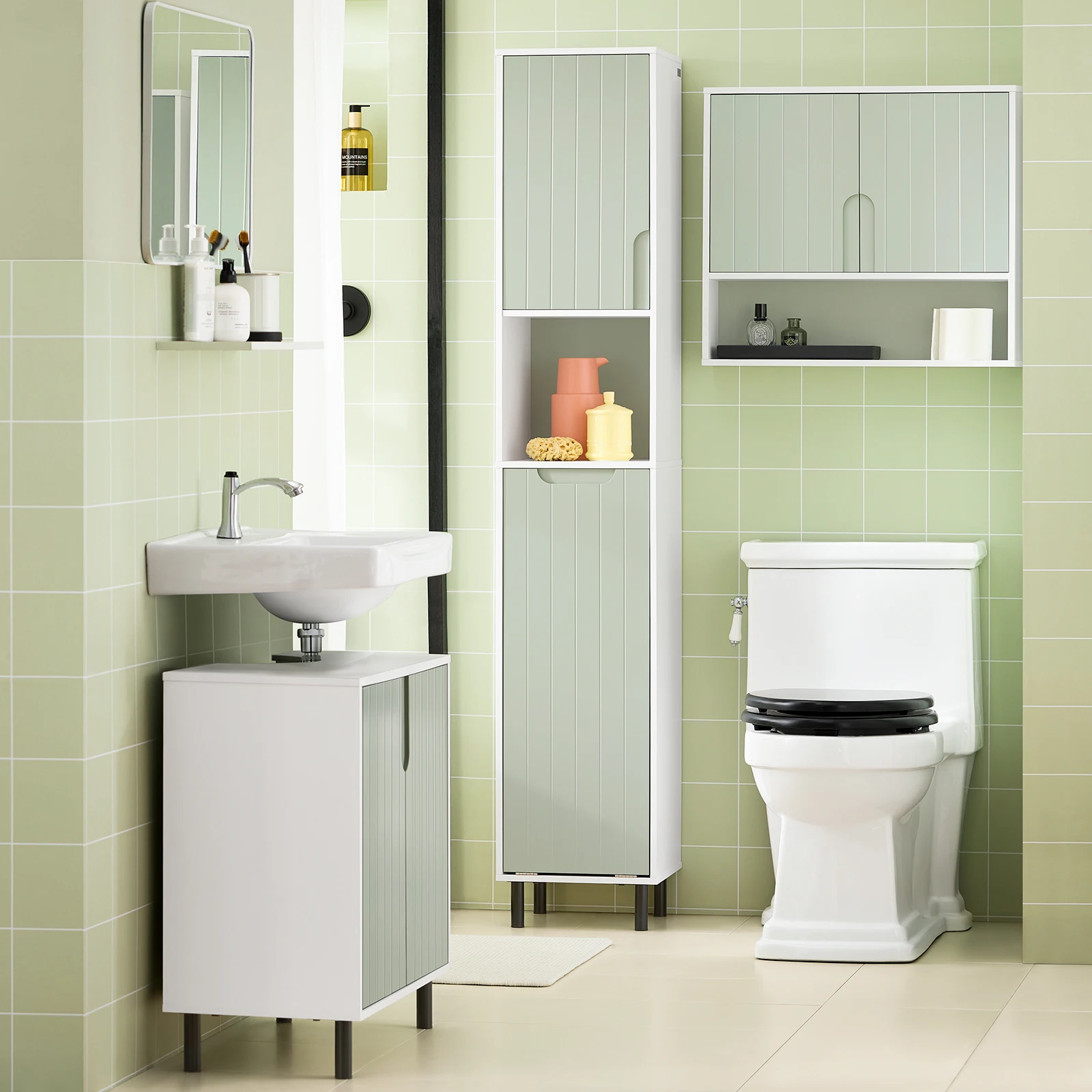 SoBuy BZR137-GR Mueble de baño estrecho con bolsa de lavandería Mueble de baño que ahorra espacio madera Blanco-Verde 167x31x30cm