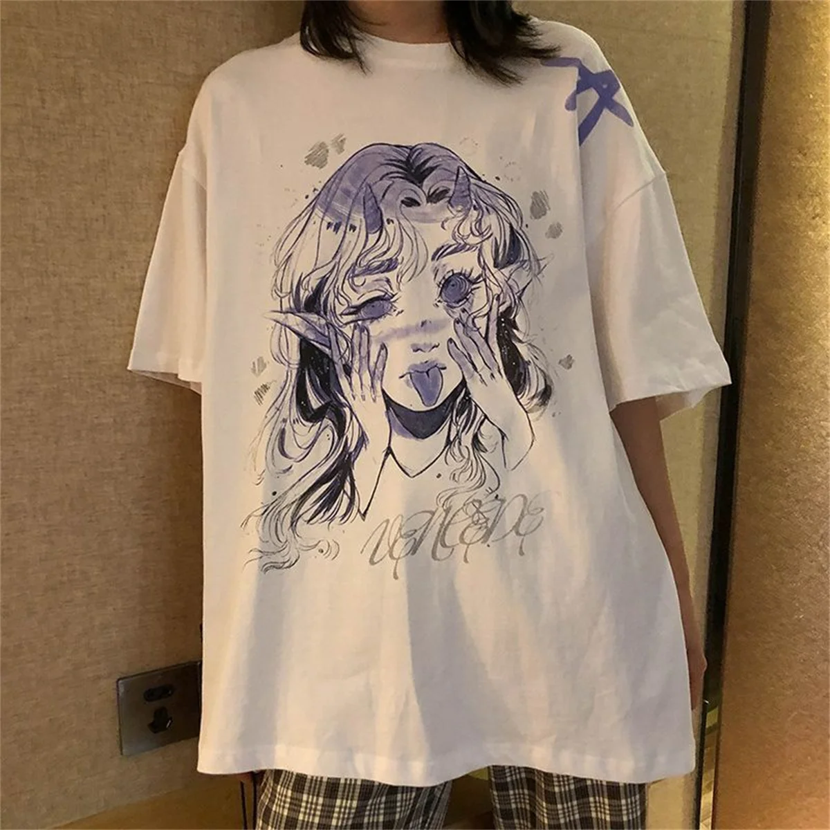 Retro Angel Print Short-sleeved Women T-shirt Summer Harajuku Casual Loose Anime Oversize Women's T-shirts Female Clothing