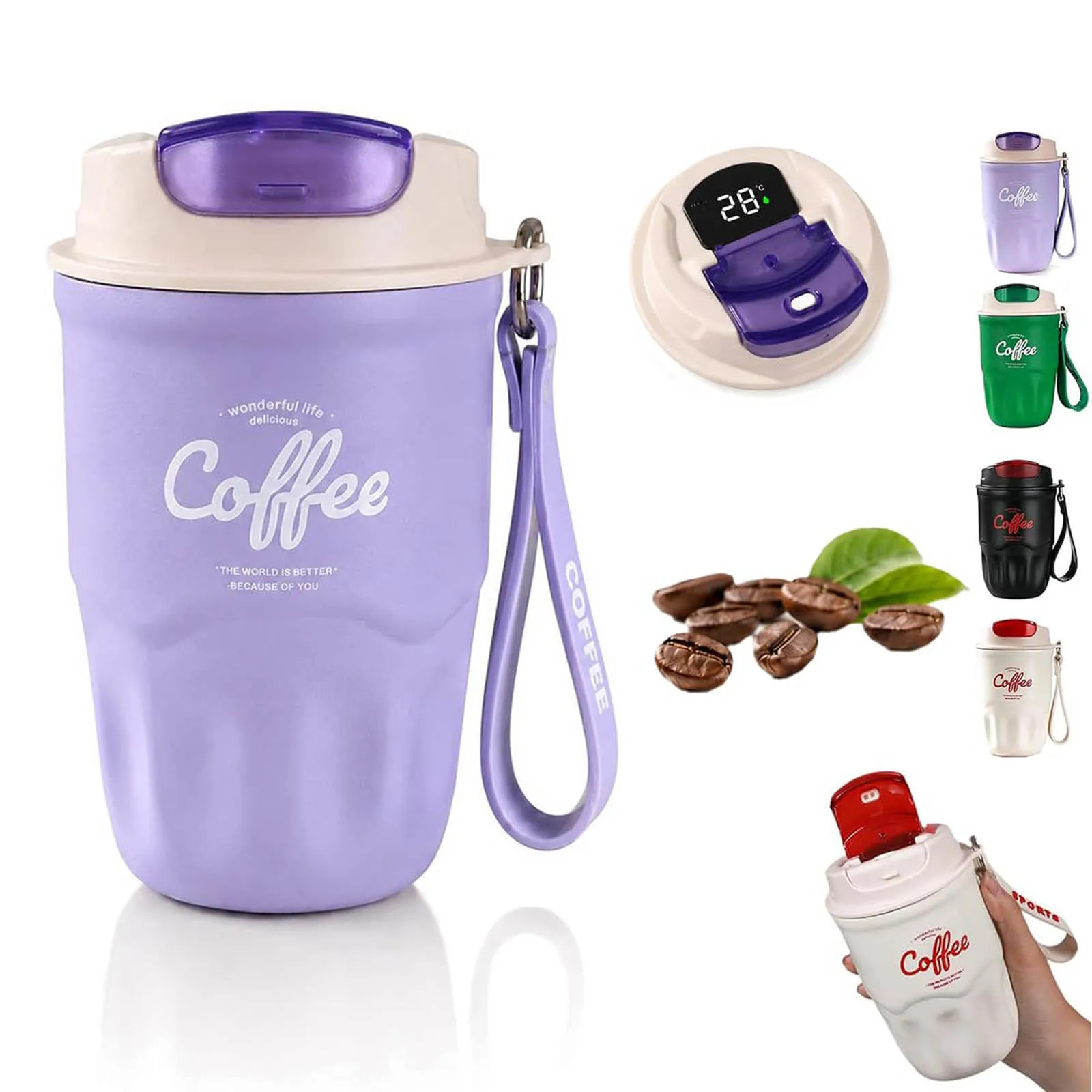 Kaffee-Vakuumflasche, tragbare Kaffeetasse mit Deckel und Griff, intelligente Temperaturanzeige, 360 ml Edelstahl-Isolierflasche, Reise-Kaffeebecher für heiße und kalte Getränke