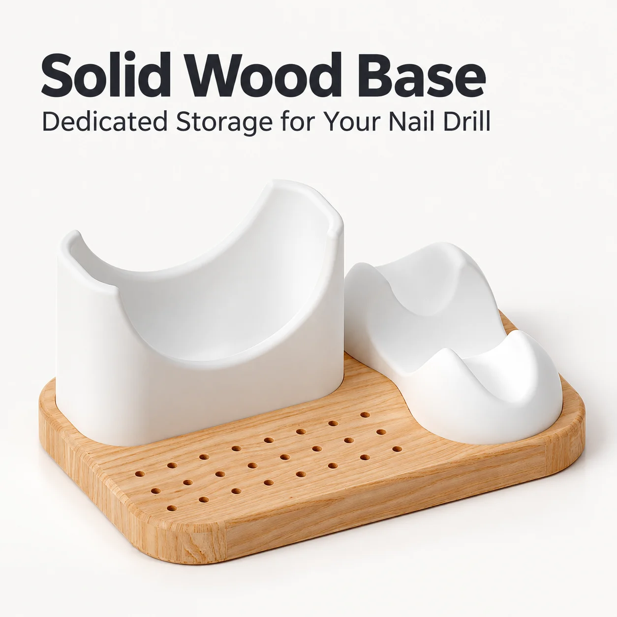 Wooden Nail Drill Stand with Silicone Machine Holder and Handpiece Rest 24-Hole Bit Storage for Home and Salon Manicures