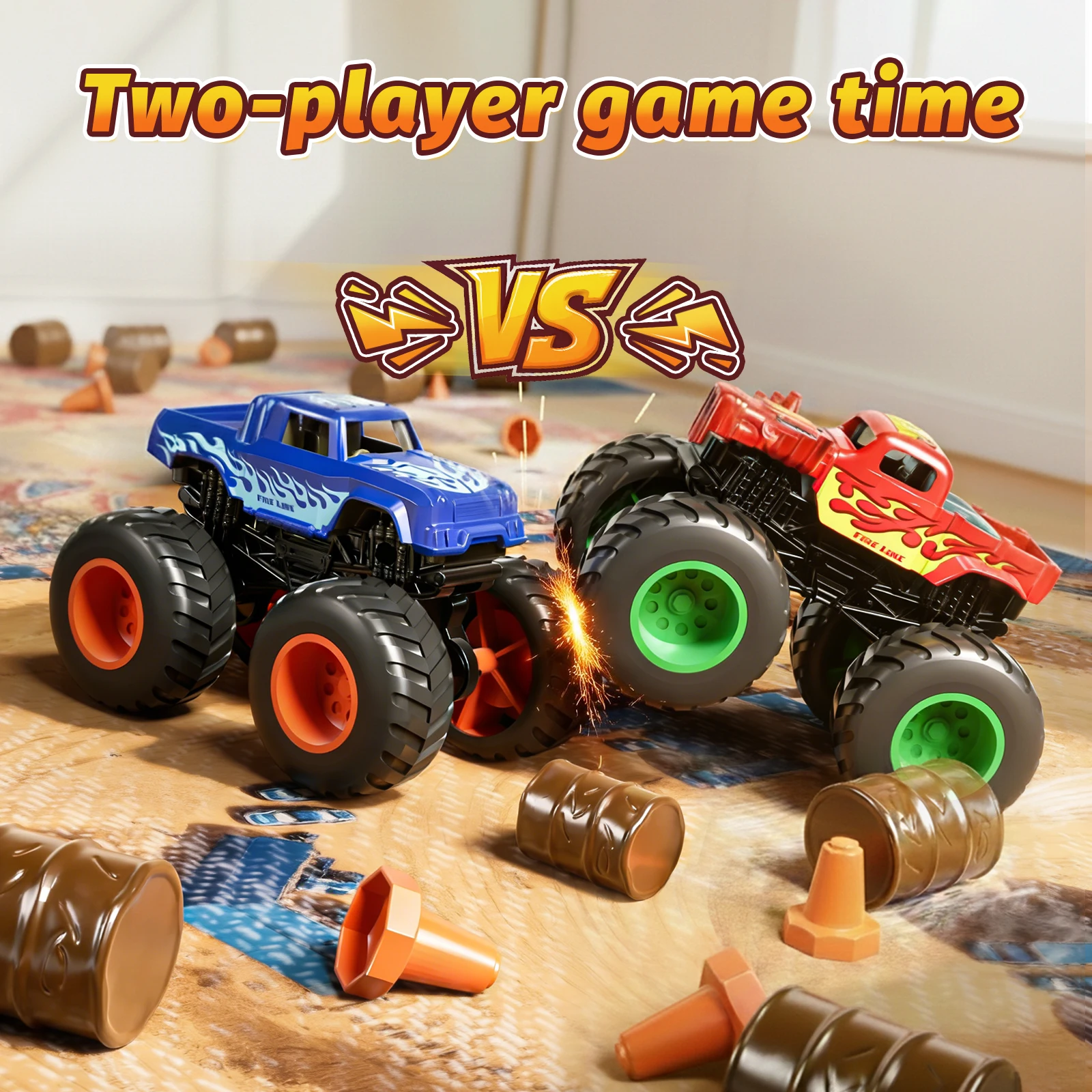 

4PCS Monster Truck Toy Set for Boys with Play Mat, DIY Interchangeable Car Bodies, Friction Powered Racing Cars with Ramps