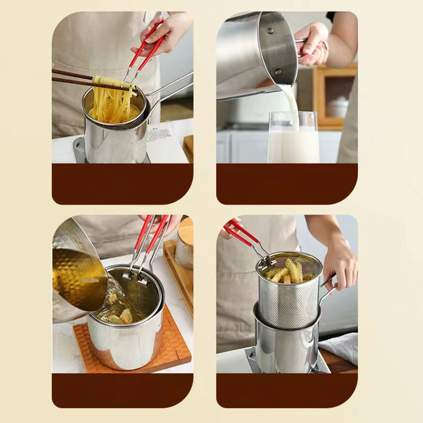 4pieces Stainless Steel Deep Frying Pot Portable Frying Pot With Strainer Basket Tempura French Fries Fryer Utensils Kitchenware