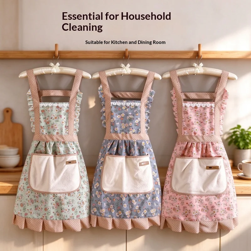 Women Floral Kitchen Apron with Wipe Hand Pocket, Adjustable Sleeveless Cooking Baking Apron Cute Ruffle Chef Apron for Home