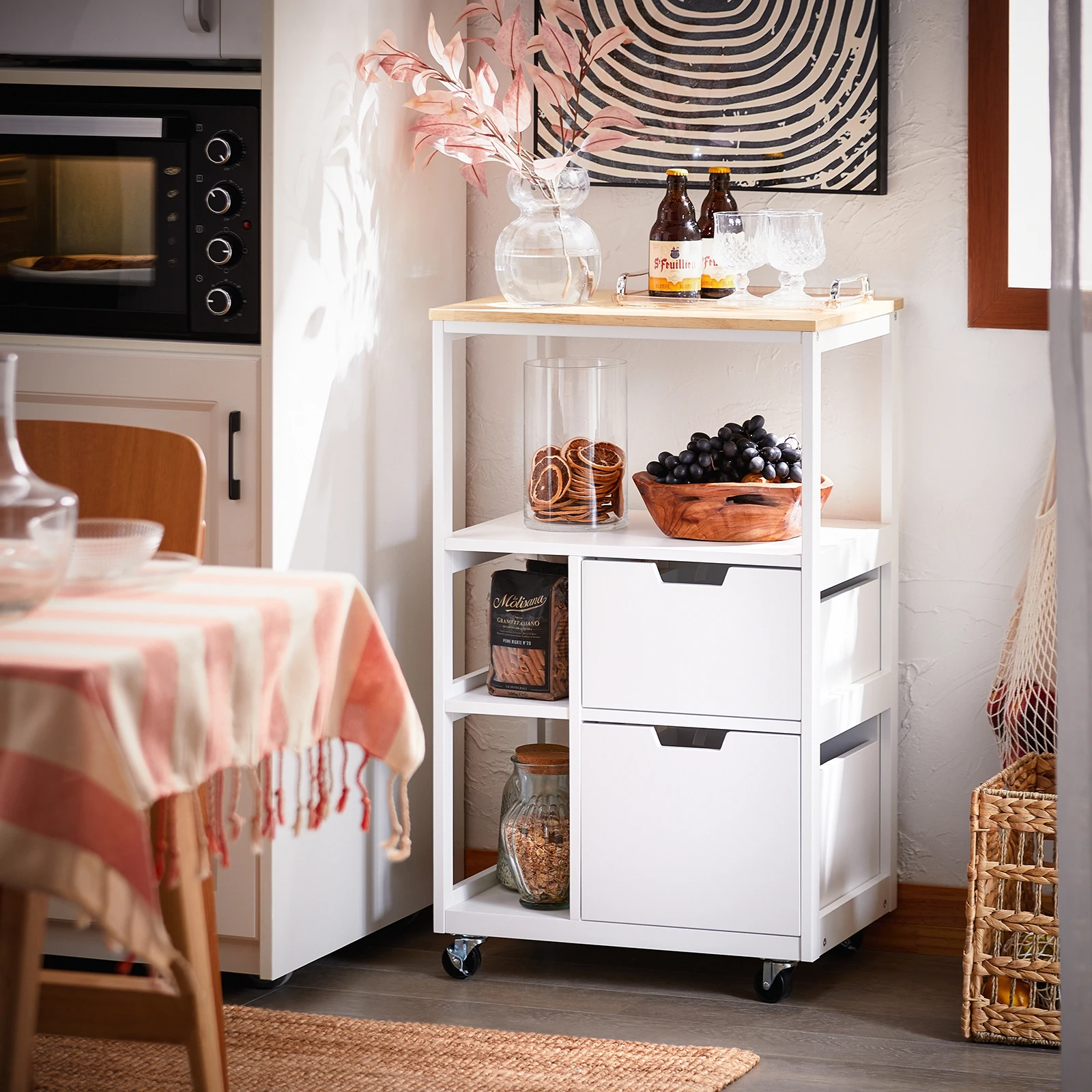SoBuy FKW111 carrito de cocina con 2 cajones y 3 estantes, carrito de servicio, carrito con ruedas, carrito de té, carrito de bar, estante de cocina con ruedas