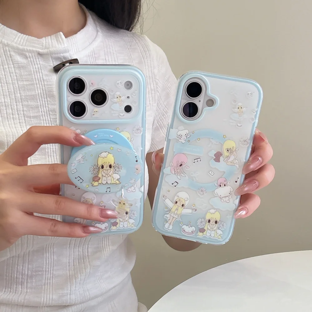 Korean Cute Puppy Angel Girl Magnetic Phone Case for iPhone 13 14 15 16 17 16 Pro 17 Pro Max Cover With Magsafe Stand Charm Cove