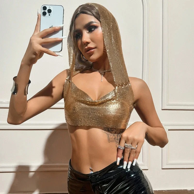 Y2K Streetwear Metal Sequins Women Tank Top Punk Goth Hip Hop Bandana Head Wraps Vest Rave Festival Women Tops Tee For Nightclub — zdjęcie 2