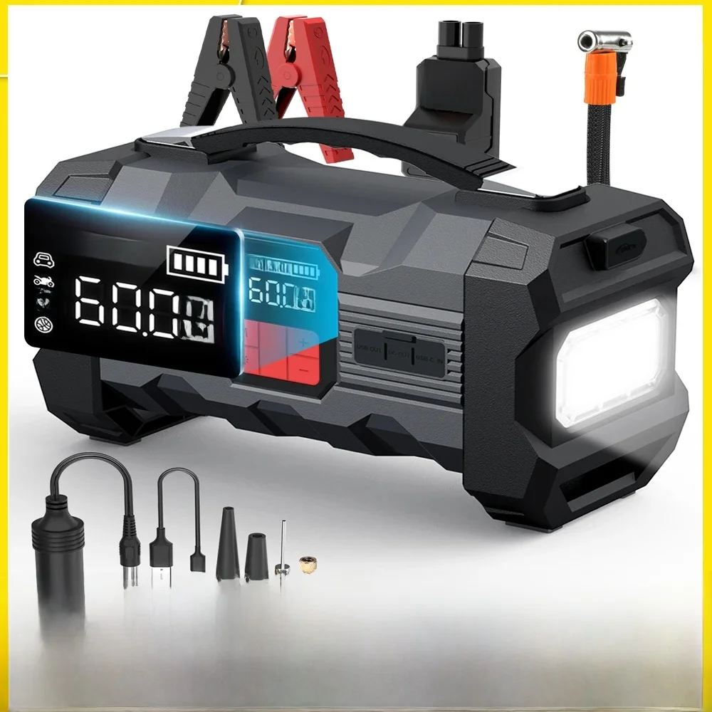 26800mAh Starthilfe mit Luftkompressor 1000A/1500A PEAK, Reifenfüller, tragbare Auto-Batterie-Powerbank-Ladegerät-Luftpumpe, mit LCD-Display, Starthilfe-Powerbank (für alle Benzin-/8.0L