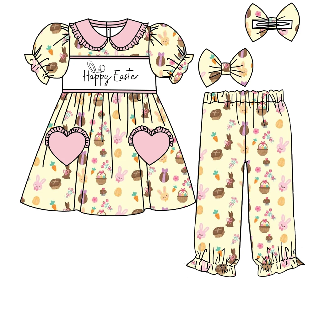 

Бутик детской пижамный комплект с короткими рукавами и длинными ногами с изображением кролика и яйца для мальчиков и девочек.