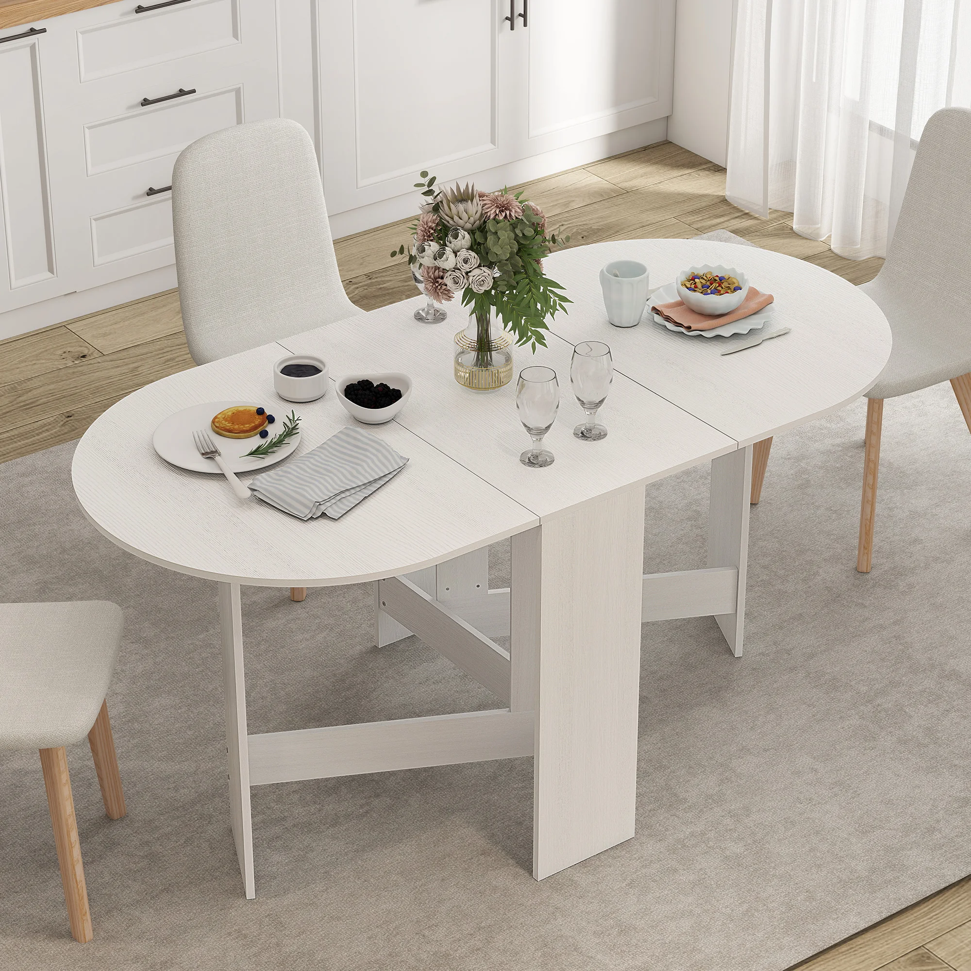 Opklapbare eettafel, tafel met neerklappende bladen voor kleine ruimtes, ovaal tafelblad voor de eetkamer, eikenhout-look
