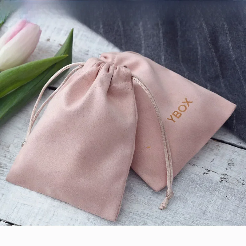 100 tassen met trekkoord met gepersonaliseerde logoprint Aangepaste sieradenverpakkingen Zakjes voor chique bruiloftsbedankjes Roze flanel Cosmetische tassen voor ringen Kettingarmbandhanger - afbeelding 2