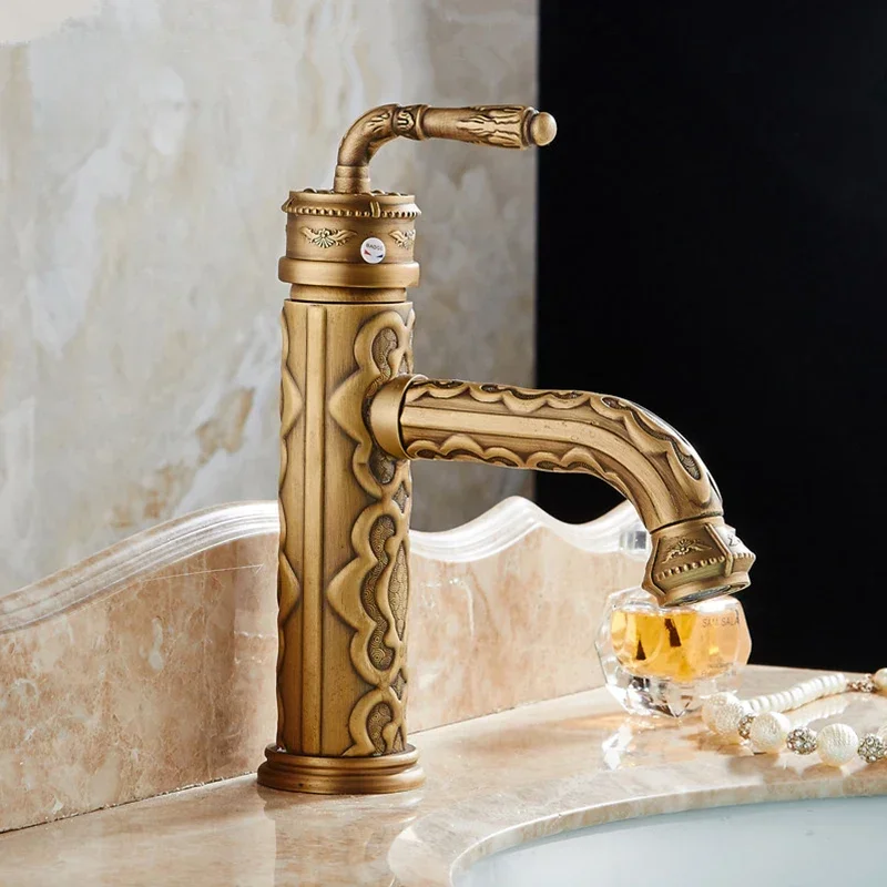 Baterie umywalkowe Solid Brass Vintage Antique Bathroom Faucet Single Handle 360 Degree Swivel Spout Hot Cold Water Basin Mixer Tap — zdjęcie 2