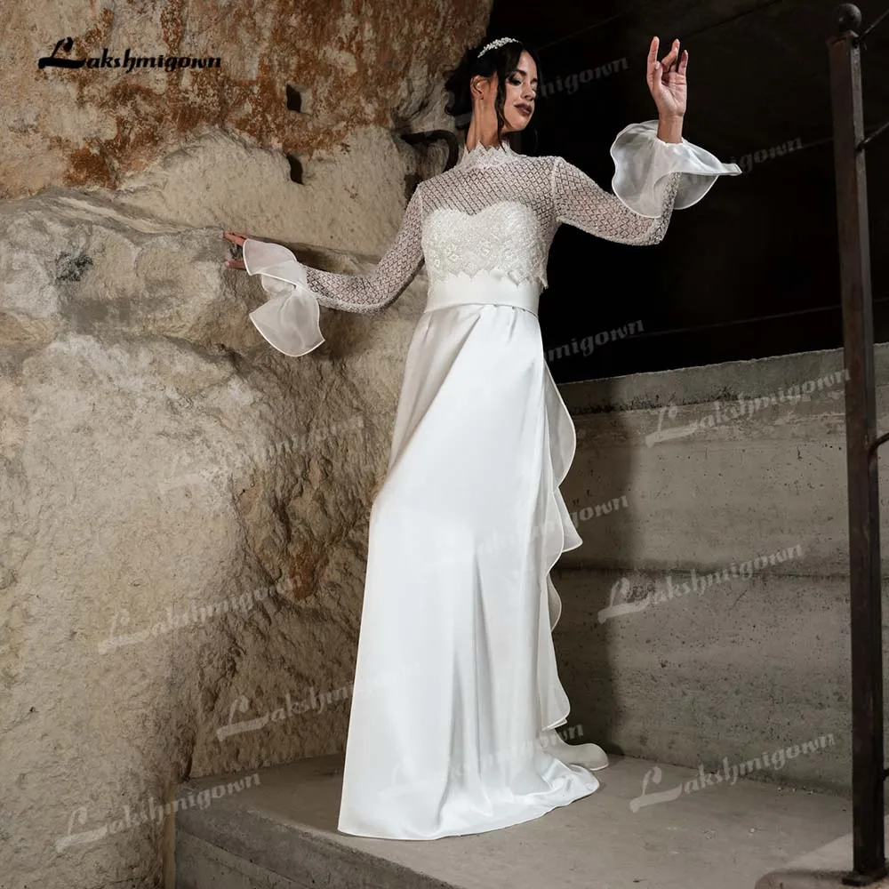 

Lakshmigown Chic Open-Back Wedding Dress 2026 High-Neck Flare Sleeves Sweep Train Bridal Gown Vestidos De Novia Customized