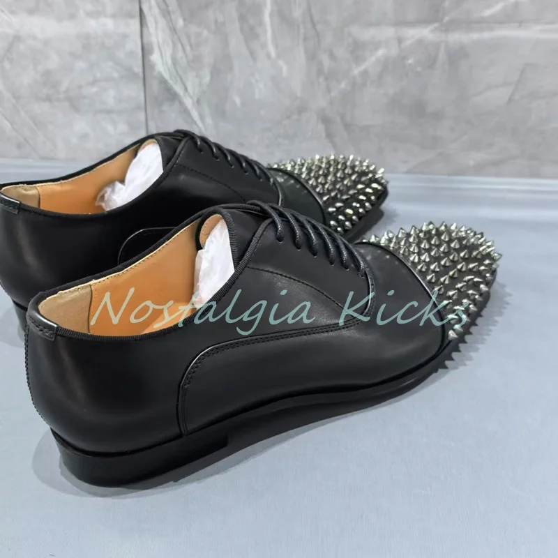 Men's Punk Style Silver Spikes Toe Cow Leather Oxford Shoes Business Lace Up Handmade Men's Dress Shoes Casual Work Shoes